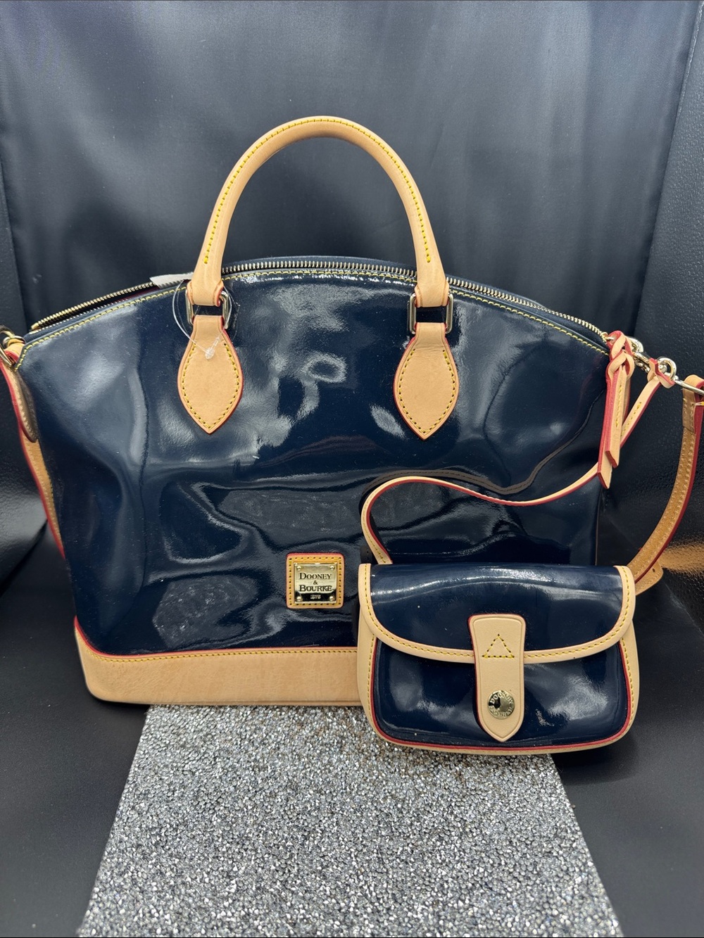 Dooney & Bourke Navy Patent Tote with Tan Trim and Pouch